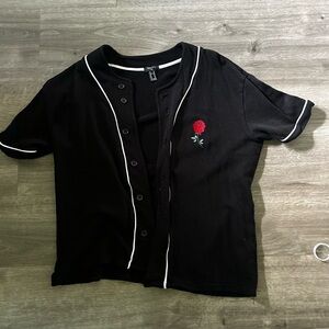 Forever 21 Black Kids Button Down Shirt with Rose Embroidery